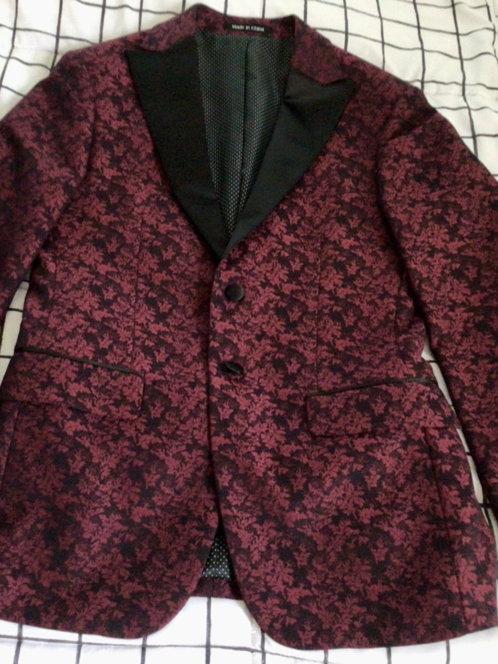 Men's Burgundy Floral Blazer with Black Lapel